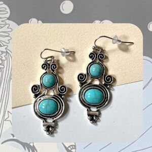 silver engraved & turquoise stone dangling boho earrings